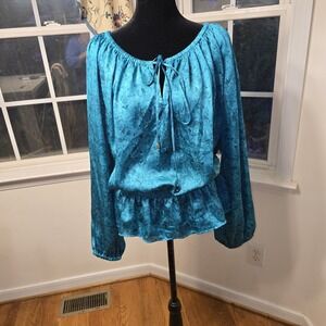 Michael‎ Kors Teal Blouse Top XL Long Sleeve Tie Neck Peasant Ruffle Hem
